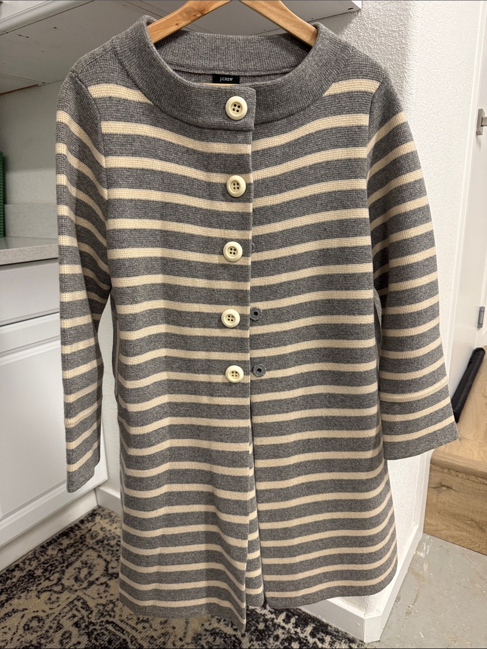 J. Crew Gray and Cream Striped Button-Front Sweater Pea Coat